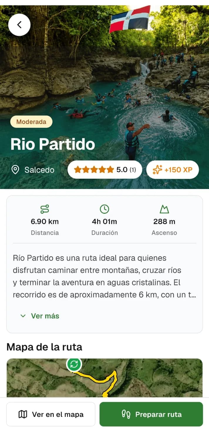 Detalle de la ruta Río Partido en la app de Caminao: foto, dificultad, distancia, duración, ascenso y XP
