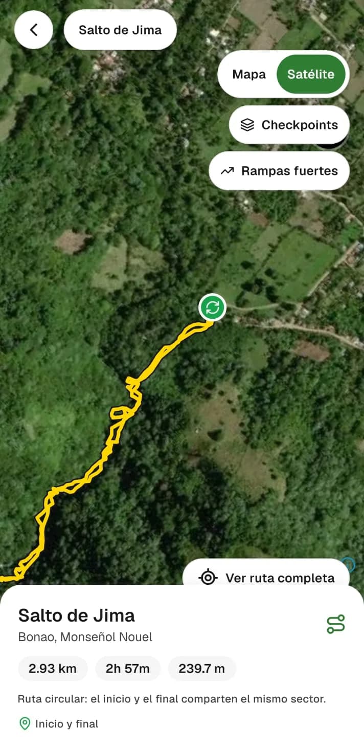 Mapa satelital de la ruta Salto de Jima en la app de Caminao, con el recorrido, la distancia y el desnivel